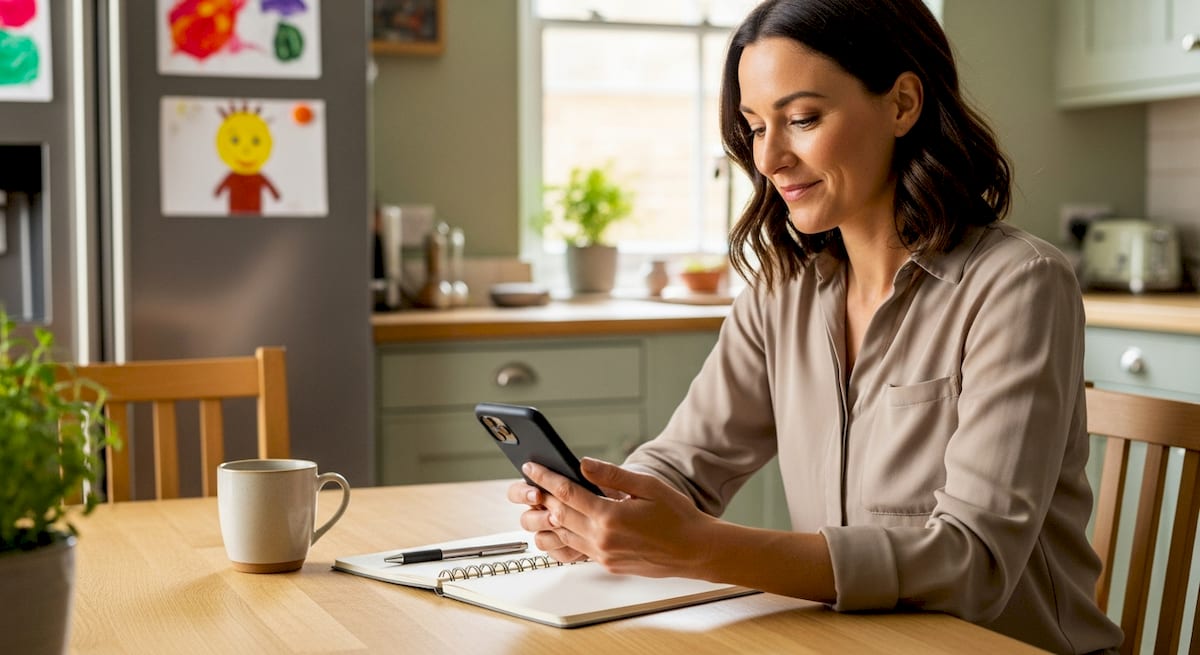 A parent sitting at a kitchen table looking calmly at her phone, a notebook and mug beside her, a child's painting on the fridge behind. AI-generated illustration.