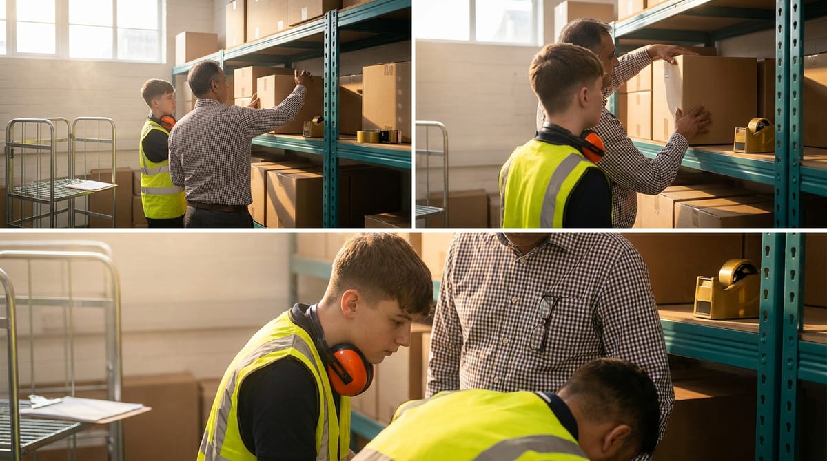 A job coach and a young apprentice stack shelves together in a stockroom, seen from behind. AI-generated illustration.
