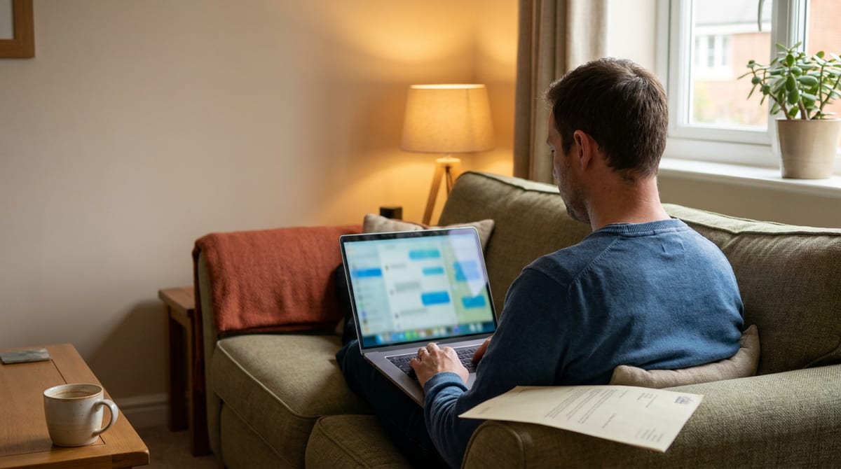 A parent on the sofa reading a decision letter and working on a laptop, calm and resolved. AI-generated illustration.