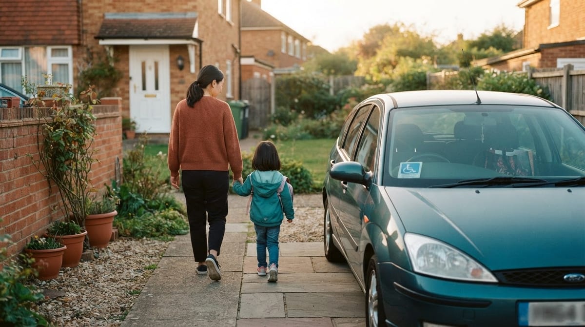 A parent and child walk from a parked car with a Blue Badge visible on the dashboard. AI-generated illustration.