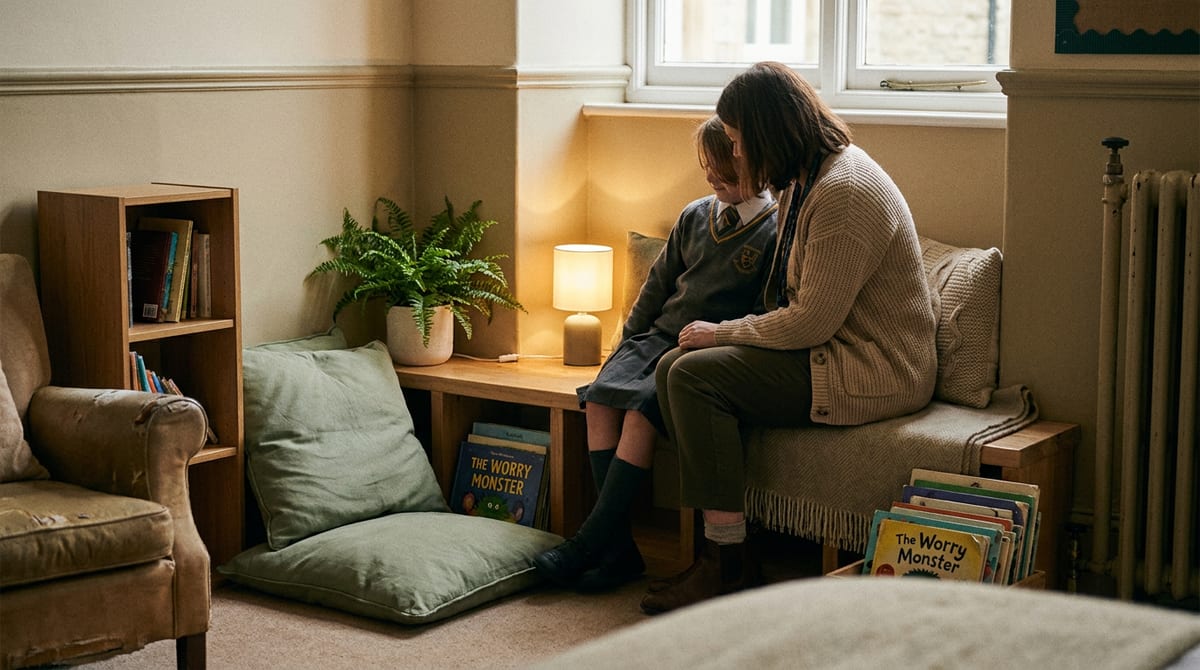 A supportive adult and child talking gently in a quiet, calm corner of a UK school. AI-generated illustration.