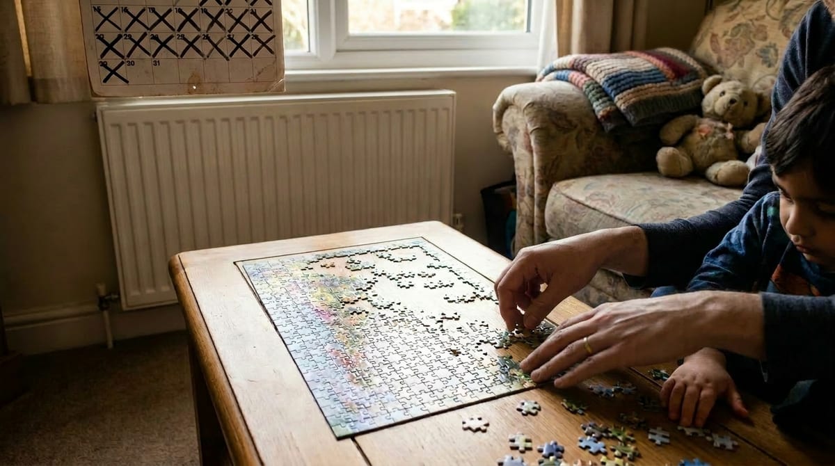 A parent and child building a jigsaw together at home while waiting for CAMHS, a calendar with weeks crossed off on the wall. AI-generated illustration.