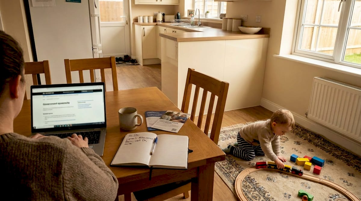 A parent at a kitchen table checking carer's benefits on a laptop while their child plays with a wooden train behind them. AI-generated illustration.