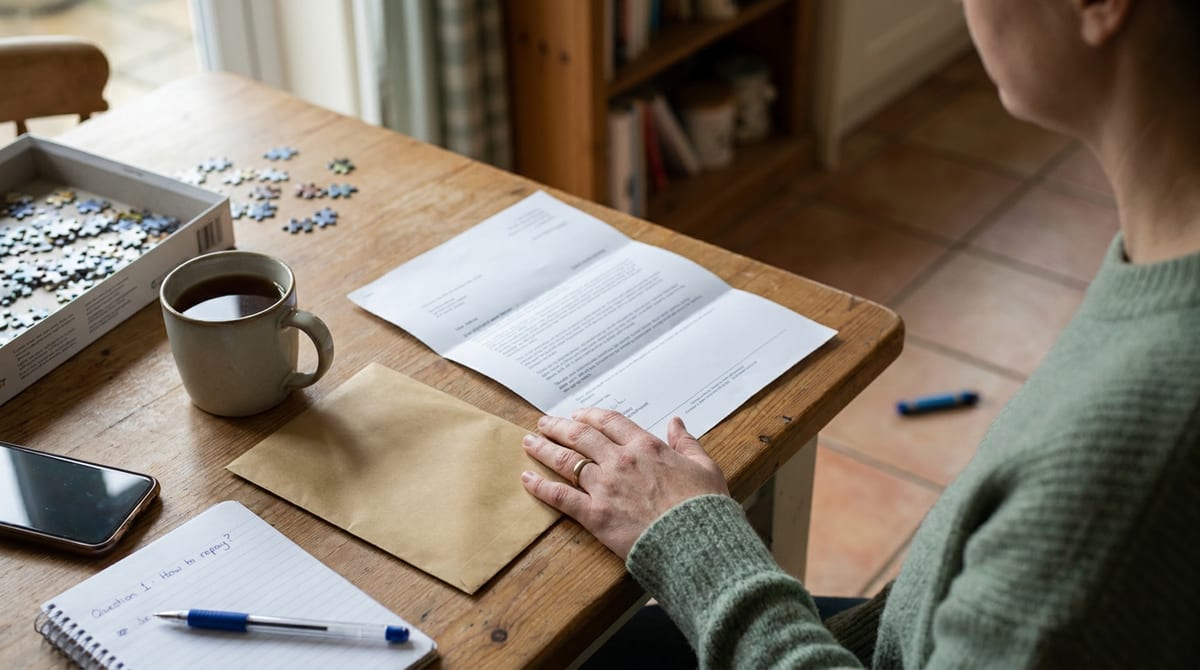 A parent calmly reading a letter about a carer's allowance overpayment at a UK kitchen table. AI-generated illustration.