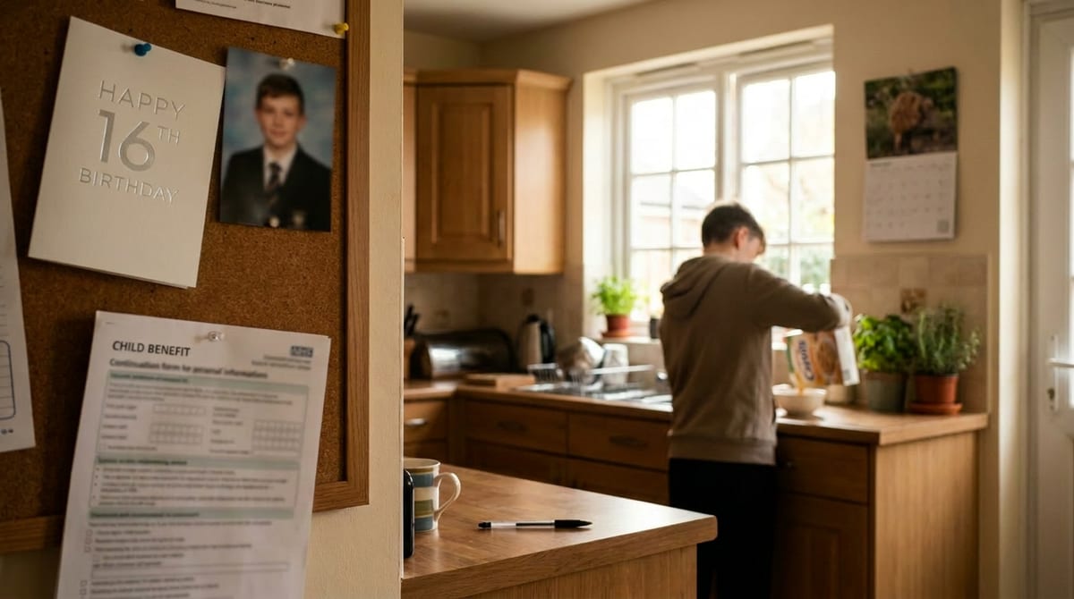 A Child Benefit continuation form and a hand-made '16' birthday card on a UK kitchen noticeboard, a teenager in the background. AI-generated illustration.