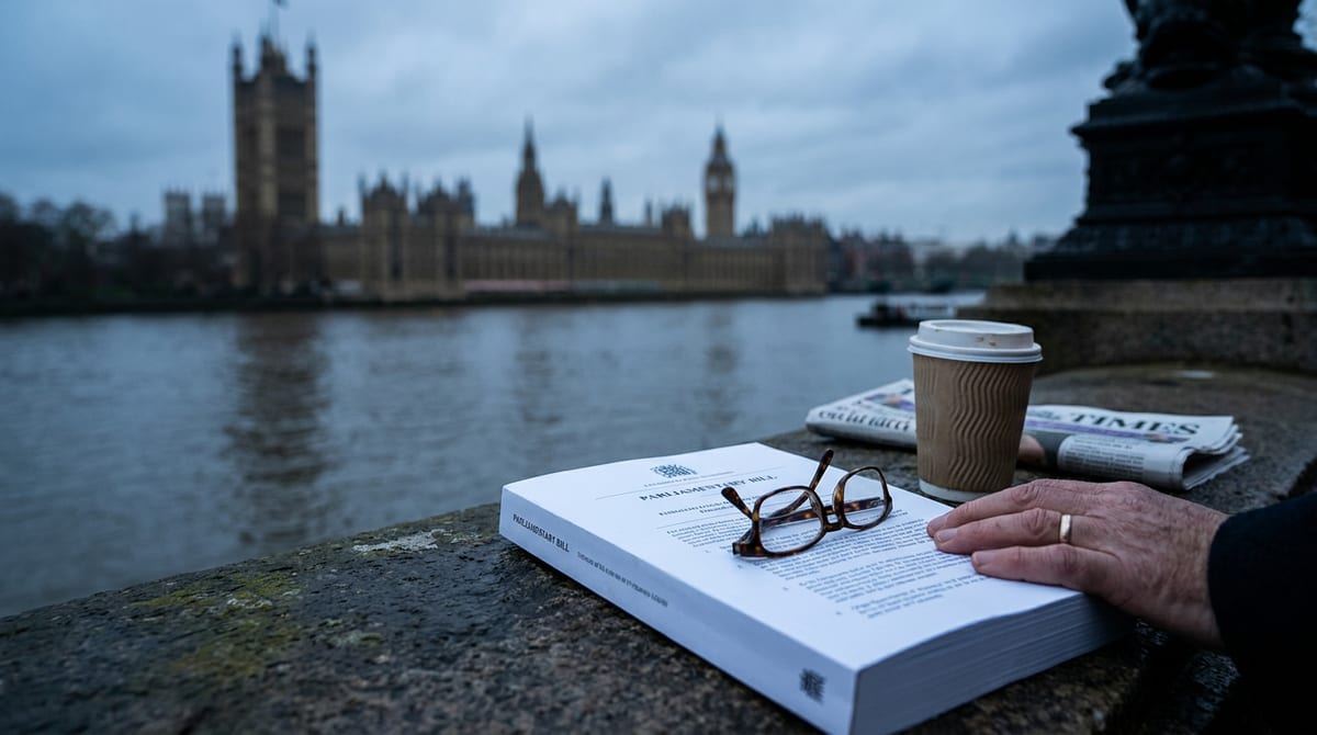 A printed Bill and reading glasses in the foreground with the Houses of Parliament soft-focus behind. AI-generated illustration.