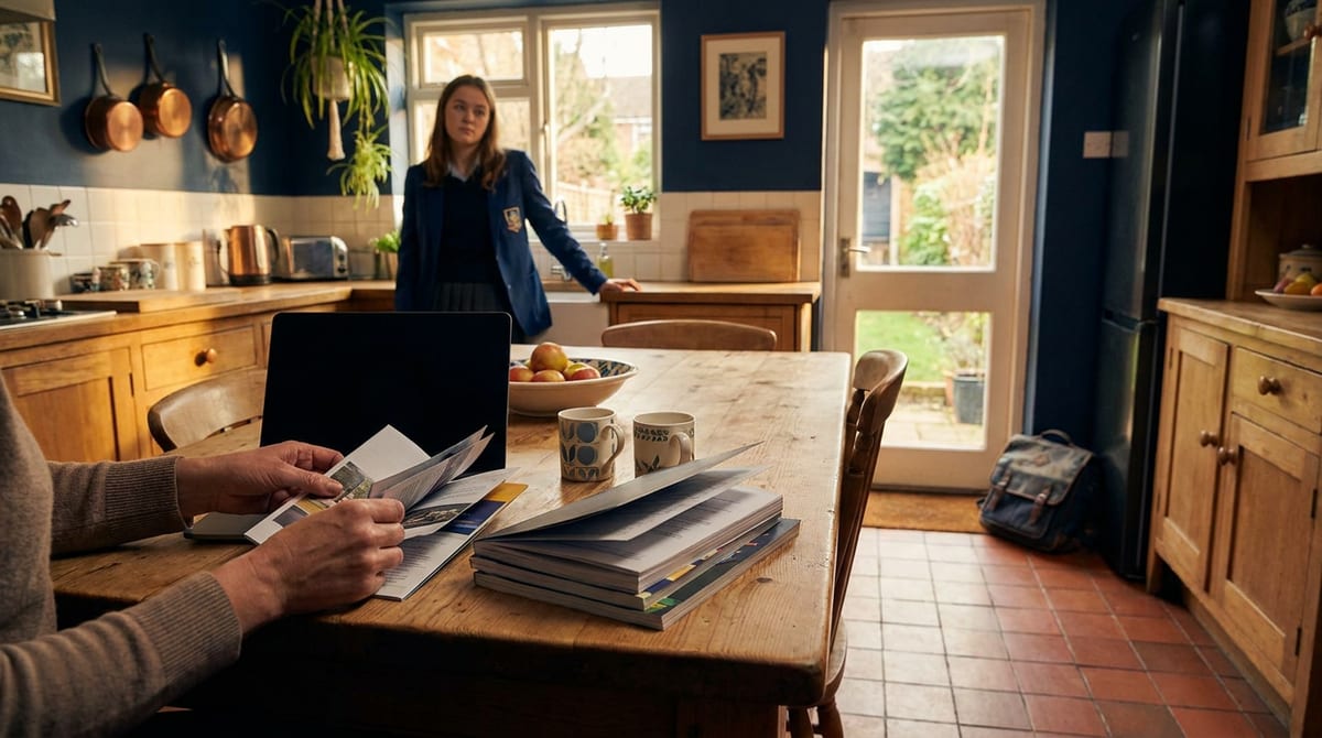A parent sorts school prospectuses at a kitchen table while a teenager looks on. AI-generated illustration.