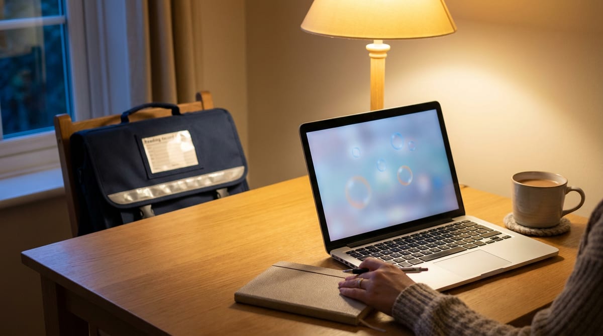 A laptop open on a desk in the evening with a child's school book bag nearby, ready to write a complaint. AI-generated illustration.