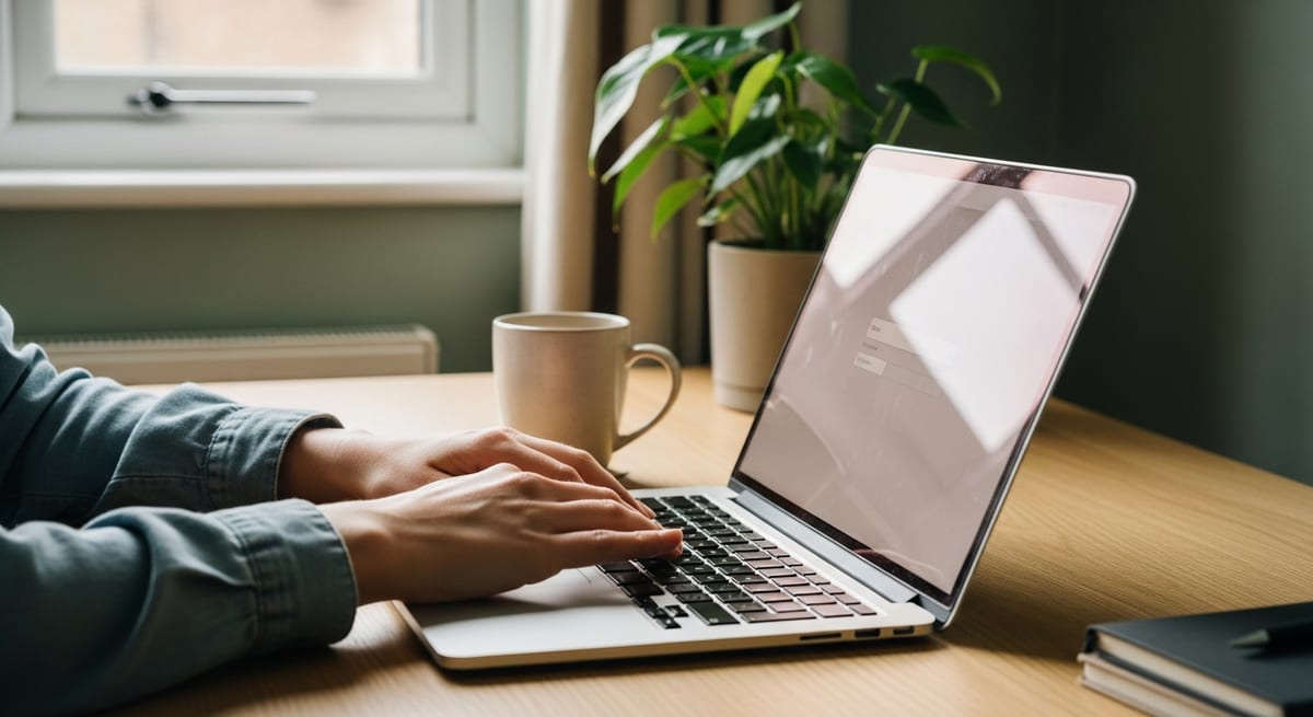 A parent's hands typing on a laptop at a tidy desk by a window, a mug and a plant beside it, setting up an account. AI-generated illustration.