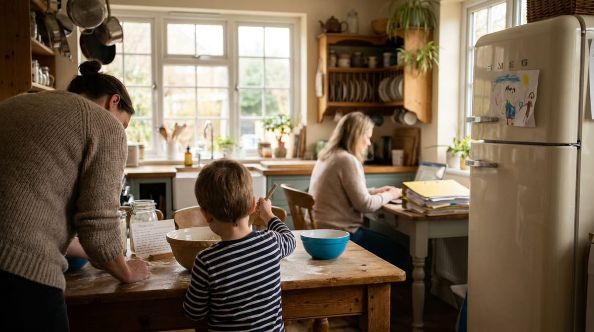 A support worker and child baking together at a UK kitchen table while a parent handles direct-payment admin nearby. AI-generated illustration.