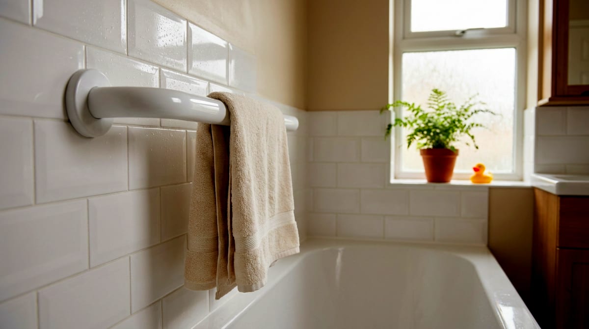 A newly fitted grab rail beside a bath in an ordinary UK home bathroom, shown as a clean everyday feature. AI-generated illustration.