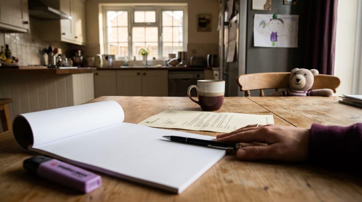 A parent beginning to plan a challenge on a notepad after a DLA rejection letter, at a UK kitchen table. AI-generated illustration.