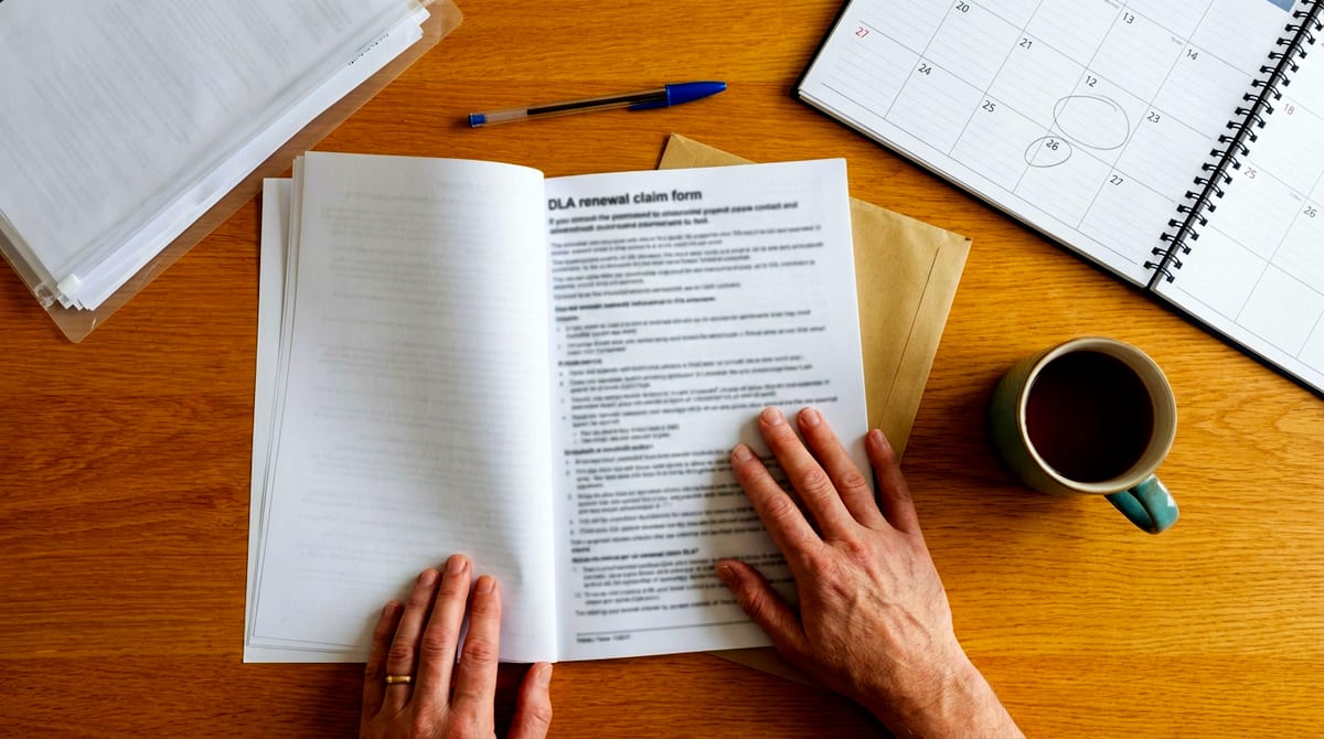 Hands sorting an open DLA renewal form, supporting letters and a wall planner on a UK kitchen table. AI-generated illustration.