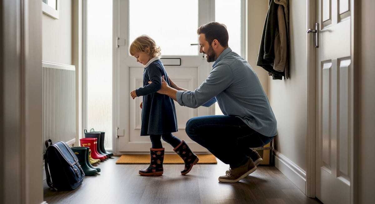 A parent crouching in the hallway to help their child get ready to leave for school. AI-generated illustration.