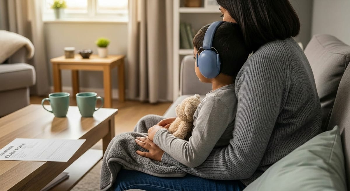 A parent and child sitting close together on a sofa at home, a calm everyday moment. AI-generated illustration.