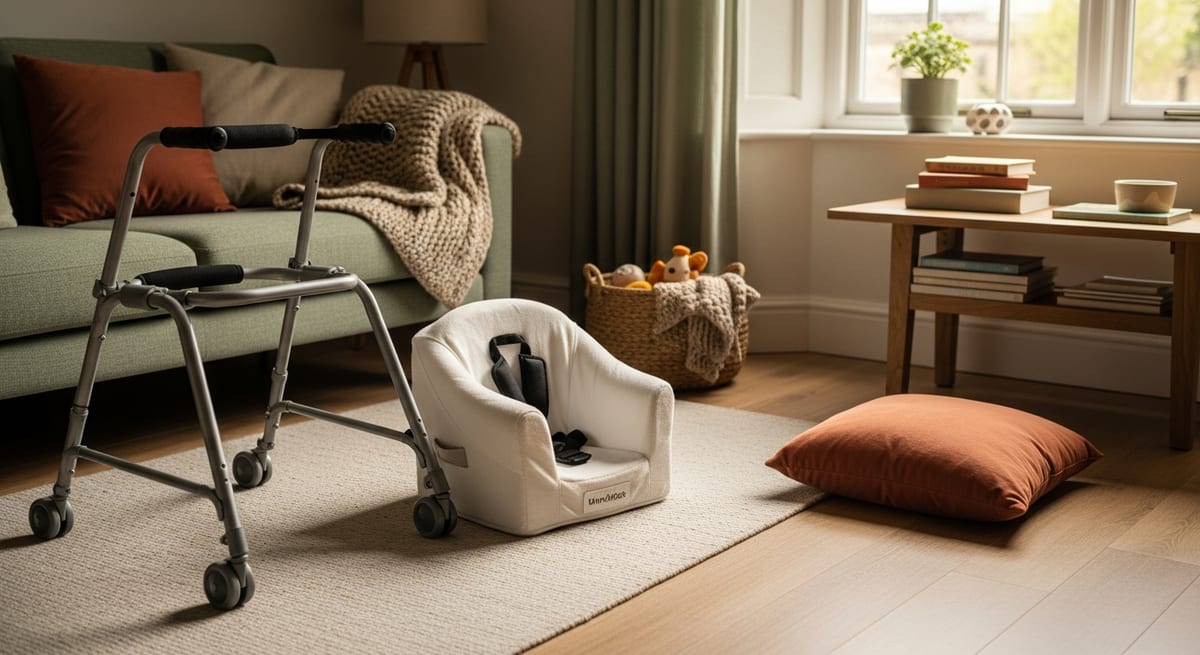 A child's lightweight walking frame and posture-support chair in a calm, ordinary family living room. AI-generated illustration.