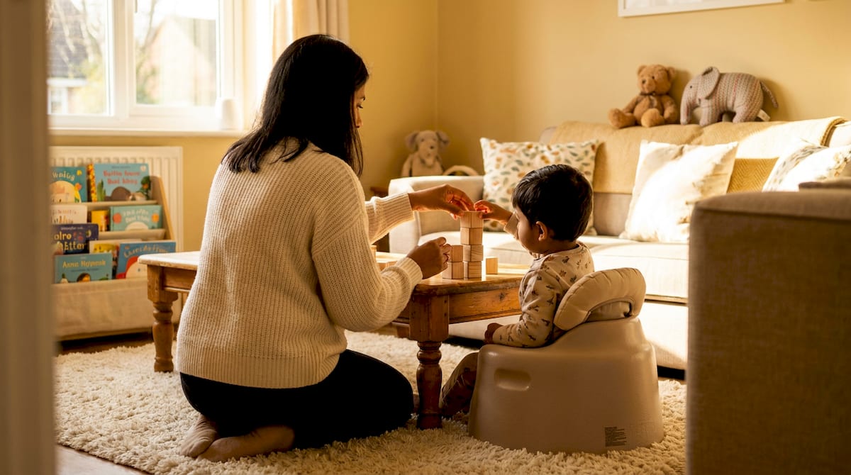 A mother and her young child sit together stacking wooden blocks at home.