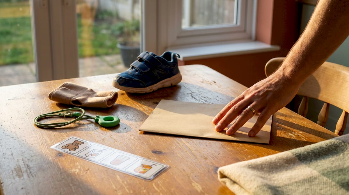 A parent's hand rests on a brown envelope on a kitchen table beside a child's shoe, sock, chew necklace and picture-symbol cards. AI-generated illustration.