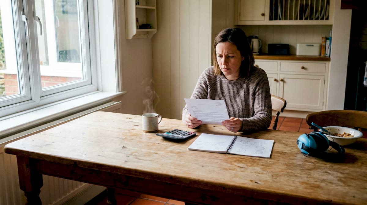 A mother studies an official letter at her kitchen table with a calculator and an open notebook beside her. AI-generated illustration.