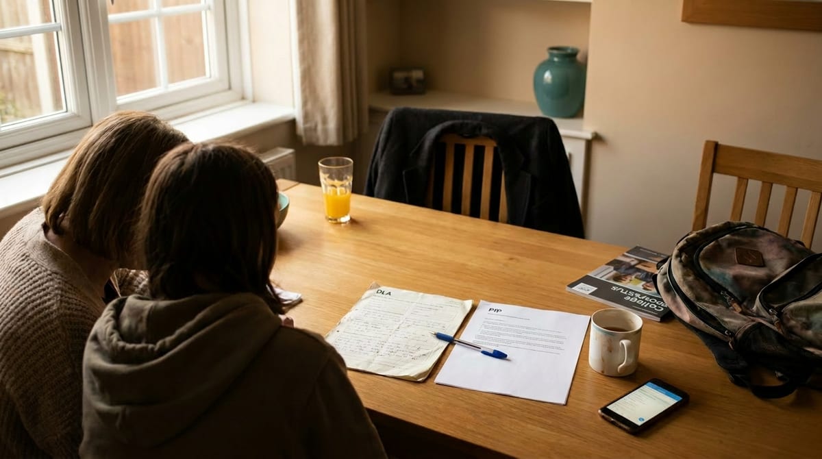 A parent and teenager at a UK kitchen table with two benefit forms as DLA changes to PIP at 16. AI-generated illustration.