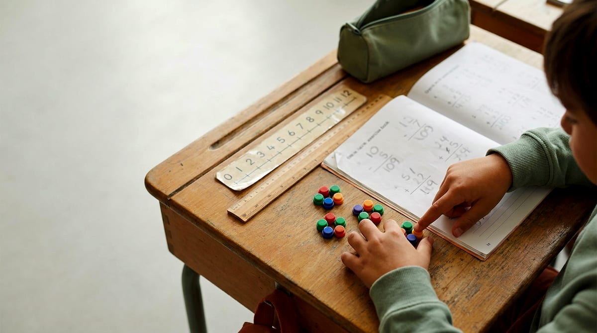 A child's hands arrange coloured counters into groups on a school desk beside a ruler and an open exercise book. AI-generated illustration.