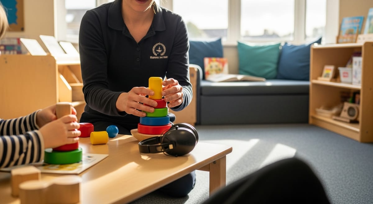 A nursery key worker kneeling to help a young child at a low table, ear defenders within reach in a calm early years room. AI-generated illustration.