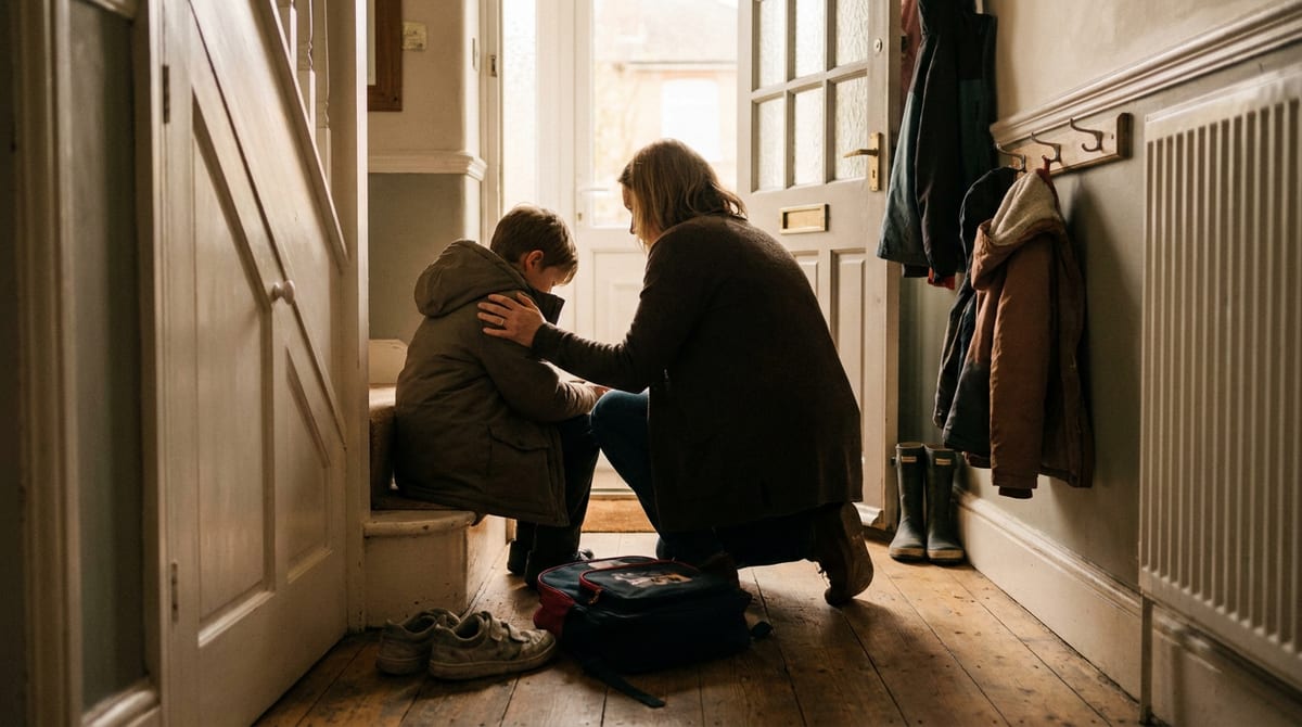 A child sitting on the bottom stair with their school bag down by the front door on a difficult school morning, a parent's hand on their back. AI-generated illustration.