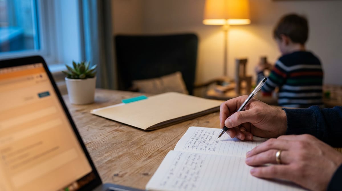 A parent writes notes in a notebook beside a laptop and folder in the evening while a young boy plays with wooden blocks behind. AI-generated illustration.