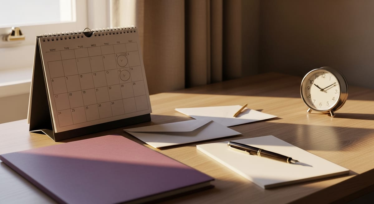 A home desk with a ringed calendar, an unopened official letter and a clock, showing a parent counting the weeks for a late EHCP. AI-generated illustration.