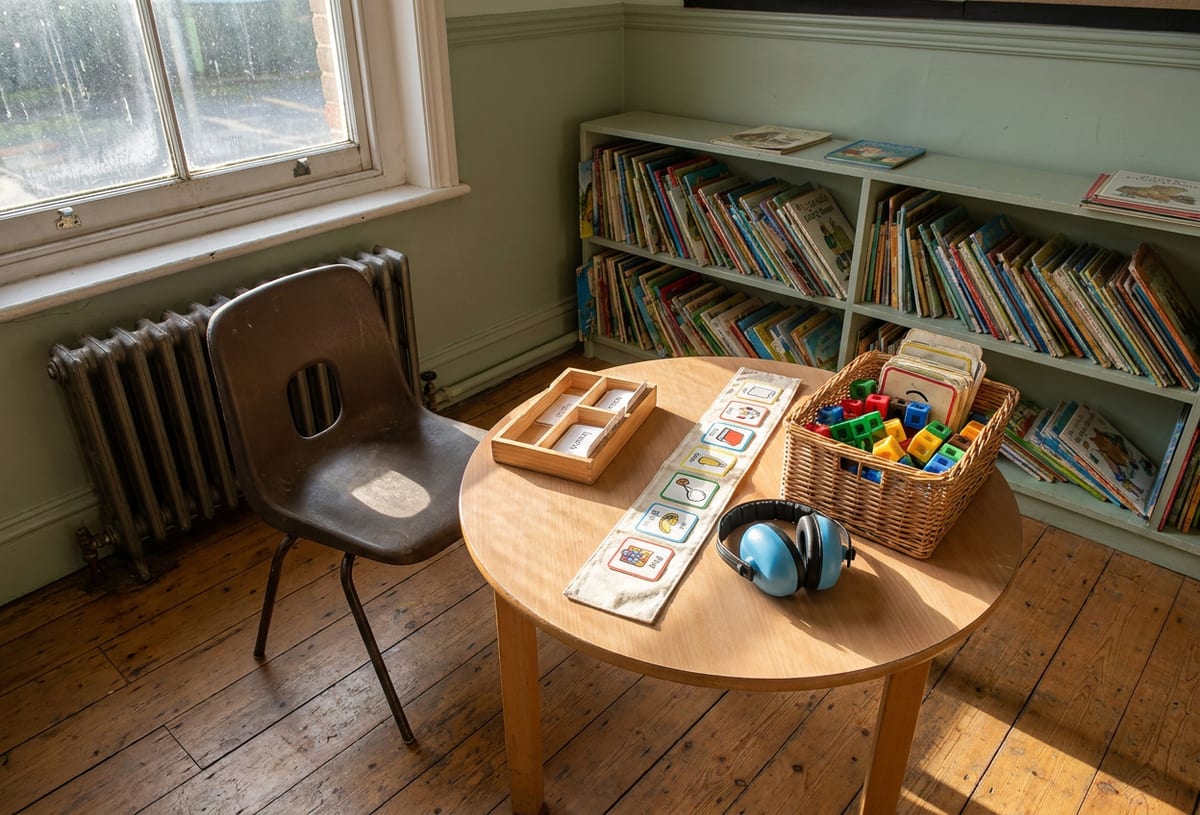 An empty one-to-one support chair beside a low classroom table with a visual timetable and ear defenders. AI-generated illustration.