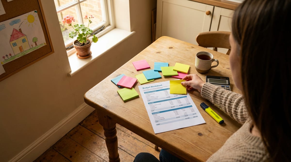 A parent planning an EHCP personal budget with a worksheet, calculator and coloured sticky notes at a UK kitchen table. AI-generated illustration.