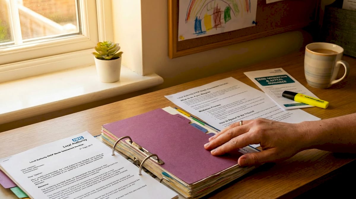 A parent organising an appeal folder with index tabs after an EHCP refusal-to-assess letter. AI-generated illustration.