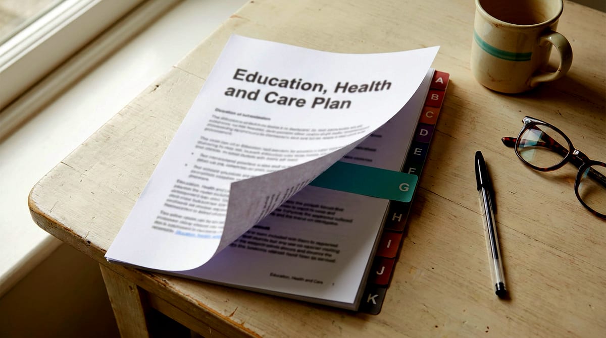 An Education, Health and Care Plan with coloured index tabs from A to K on a desk in daylight. AI-generated illustration.