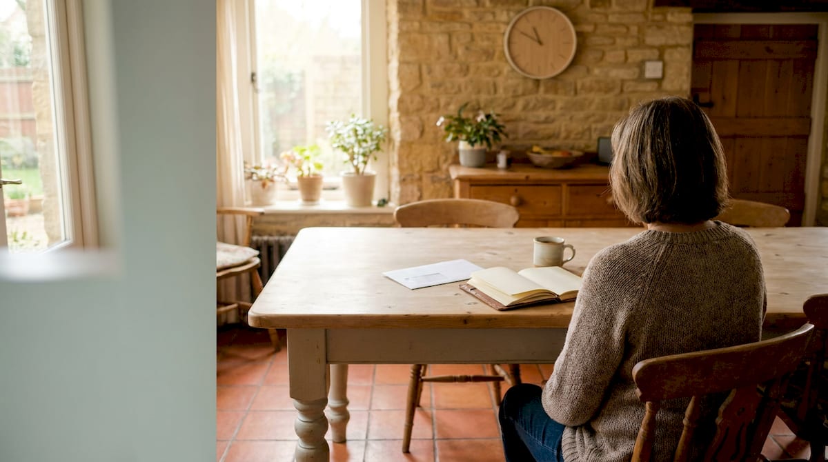 A parent sits at a kitchen table with an unopened official letter and an open diary, waiting.