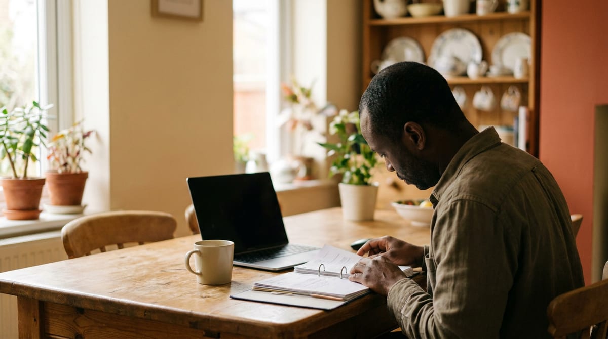 A parent sits at a kitchen table reading through a folder of EHCP paperwork.