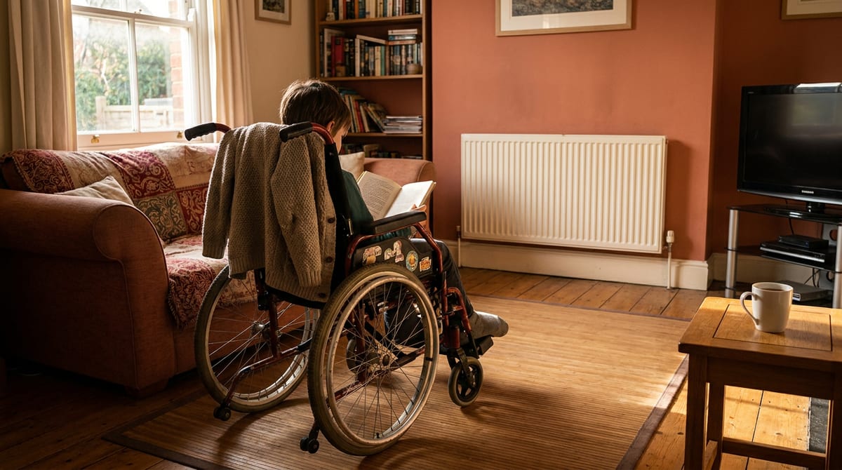 A child sitting in their own well-used wheelchair in an ordinary UK living room, integrated into family life. AI-generated illustration.