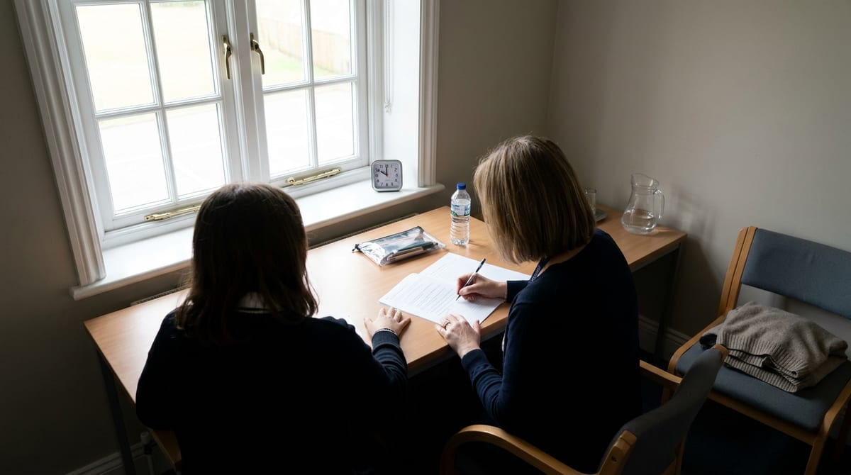A quiet separate exam room in a UK school with one desk, a water bottle and a wall clock for extra time. AI-generated illustration.