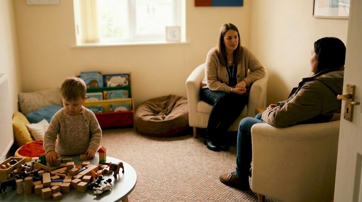 A warm, non-clinical assessment room where a child plays with wooden toys while a professional and parent talk nearby. AI-generated illustration.