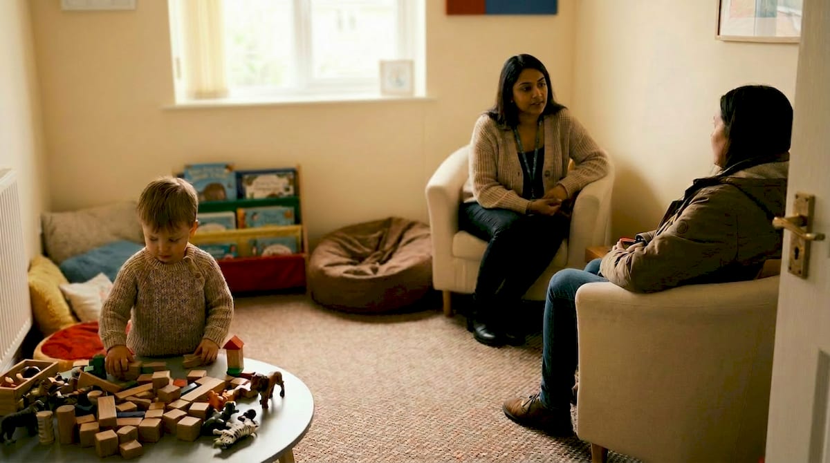 A warm, non-clinical assessment room where a child plays with wooden toys while a professional and parent talk nearby. AI-generated illustration.