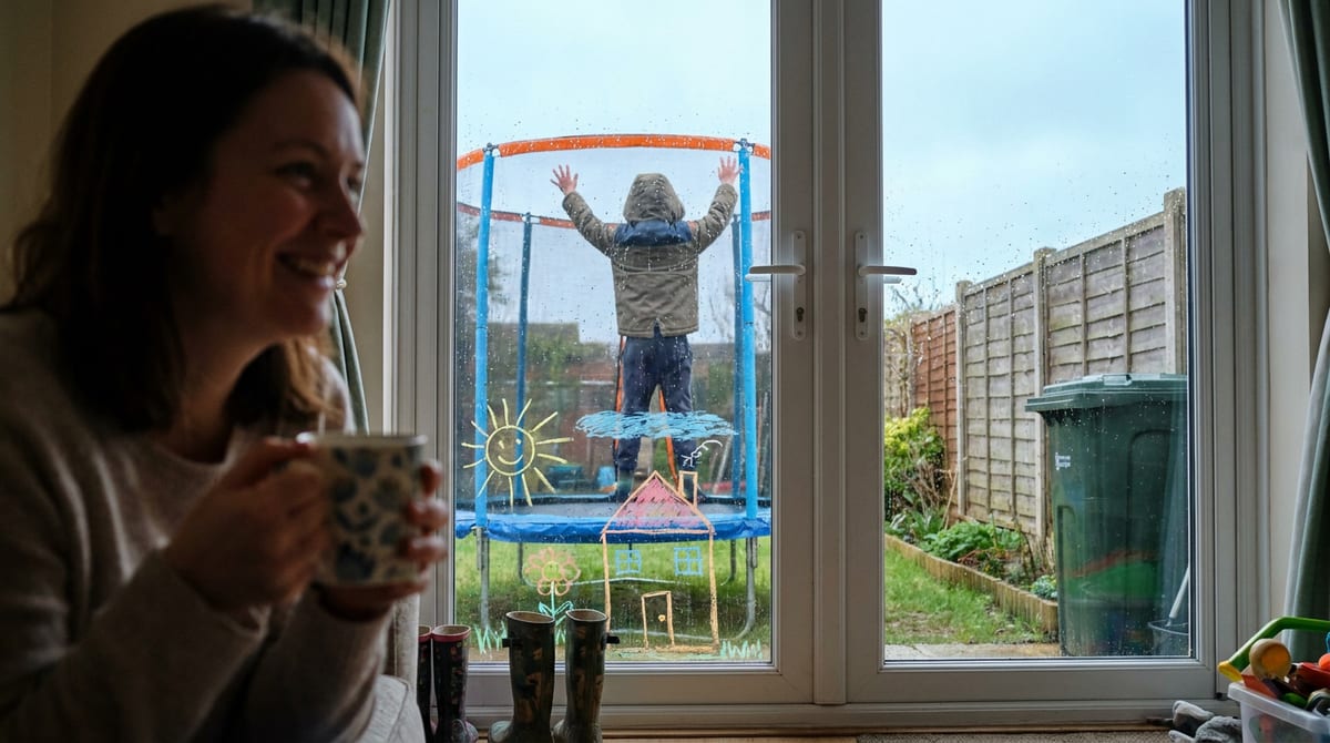 A child bouncing on a new garden trampoline seen through patio doors, a parent watching from inside. AI-generated illustration.