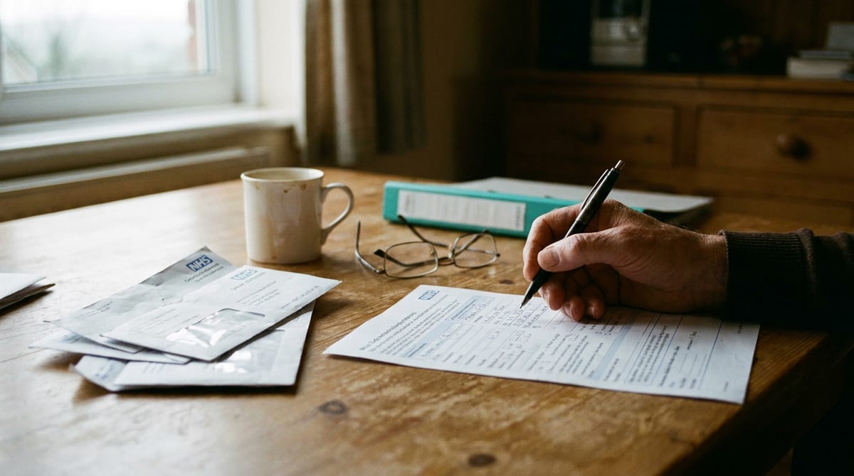 A single hand annotating a benefits form on a calm desk while preparing PIP evidence. AI-generated illustration.