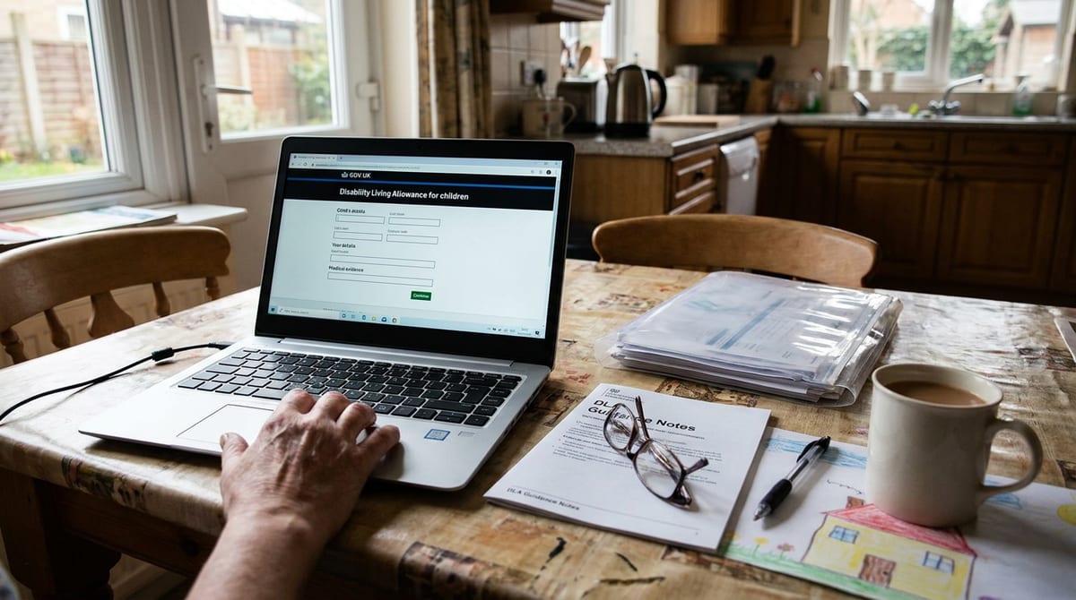 The long DLA claim form open on a UK kitchen table with a guidance booklet and supporting letters nearby. AI-generated illustration.