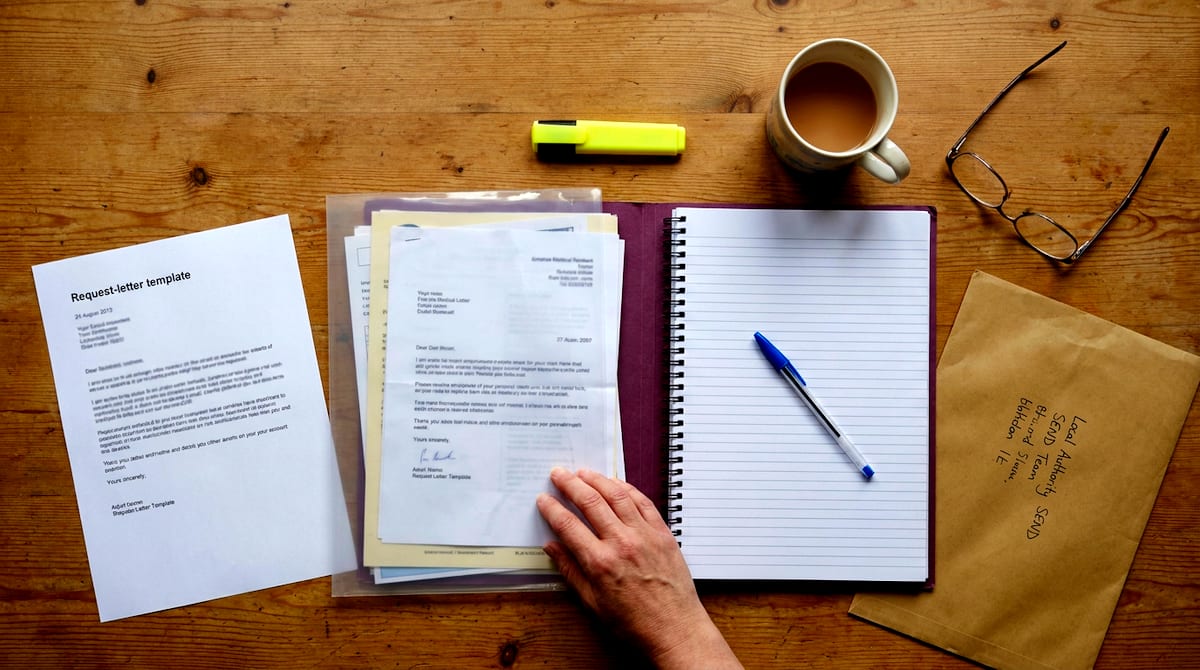 A parent drafting a formal EHCP needs-assessment request letter at a UK kitchen table, evidence gathered in a wallet beside them. AI-generated illustration.