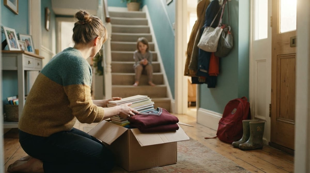 A parent packs a box of school things by the front door while a child watches from the stairs. AI-generated illustration.