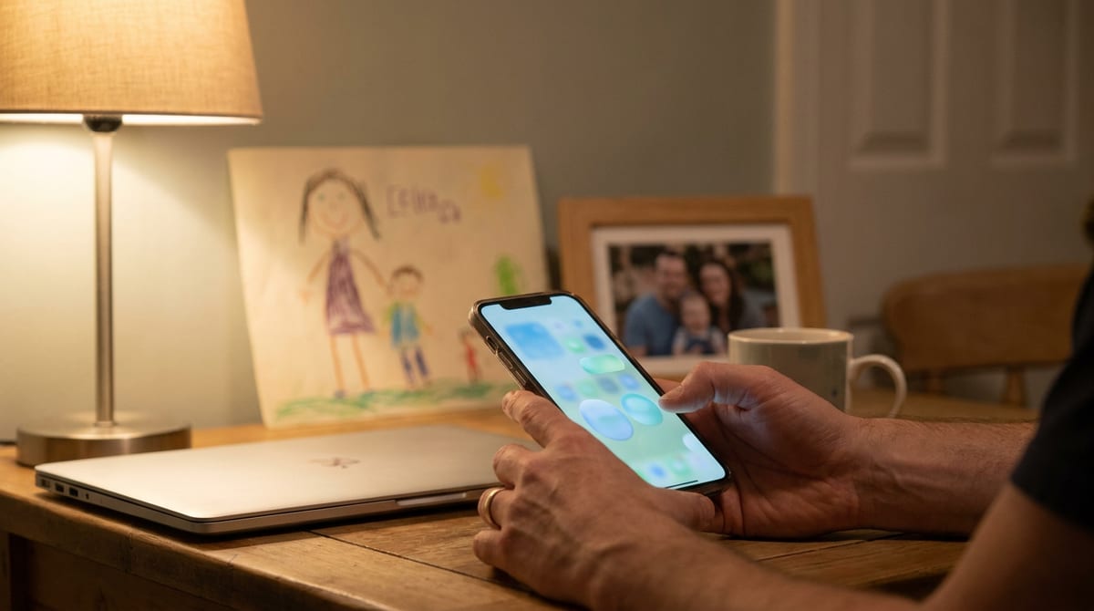 A parent's hands holding a phone at home in the evening, a child's drawing and a family photo softly in the background. AI-generated illustration.