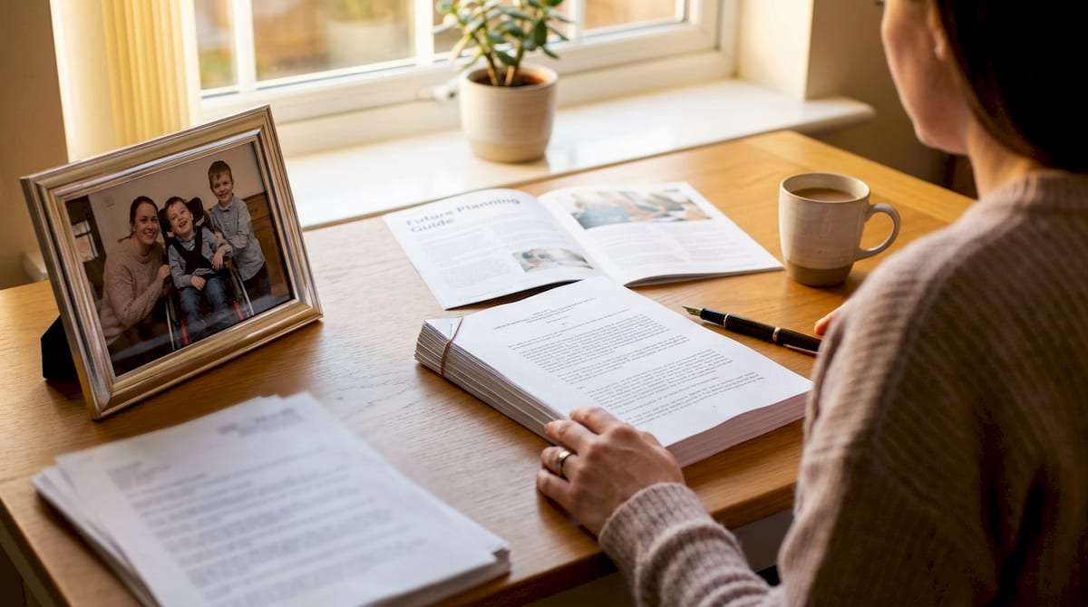 A parent working through future legal planning at a home desk, a legal document and a framed family photo on the table. AI-generated illustration.
