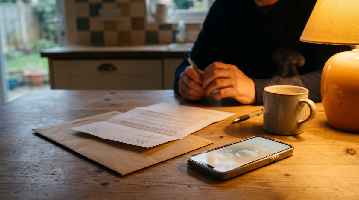 A brown envelope and an official letter on a kitchen table beside a phone, ready to write a reconsideration request. AI-generated illustration.
