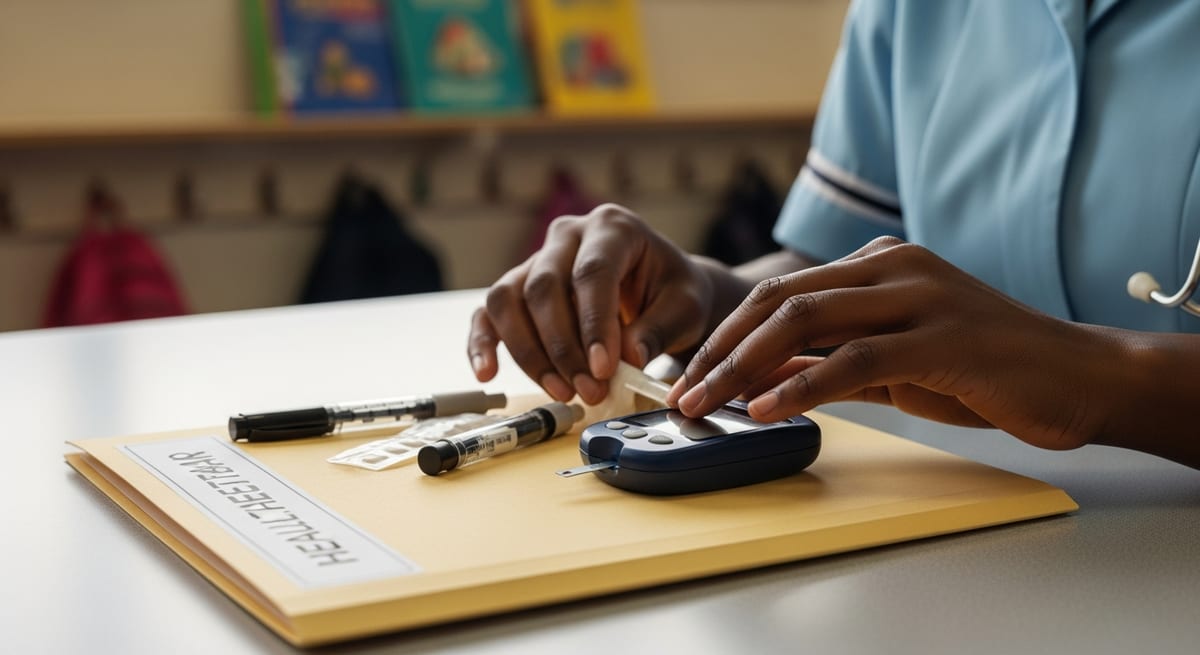 A school nurse's hands preparing an insulin pen and glucose monitor beside a child's healthcare plan folder. AI-generated illustration.