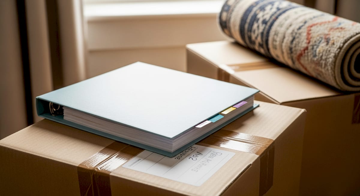 An EHCP folder resting on a labelled moving box in a UK home during a house move. AI-generated illustration.