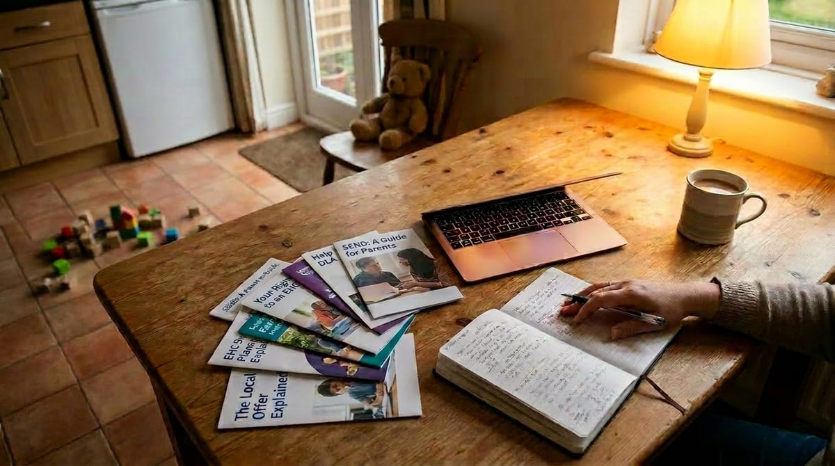 A parent at the start of the SEND journey with leaflets and a fresh notebook at a kitchen table, a child playing nearby. AI-generated illustration.